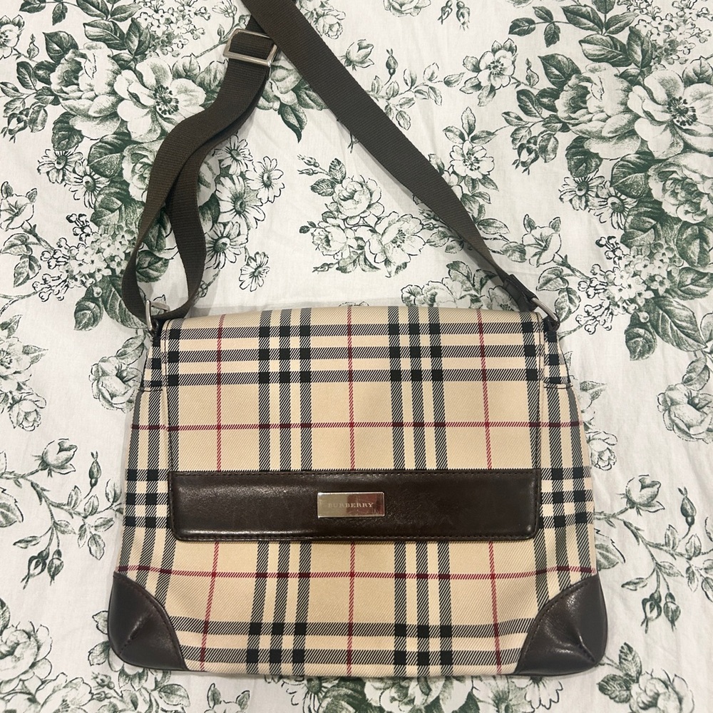 Burberry House Check Crossbody Bag with Brown leather trim